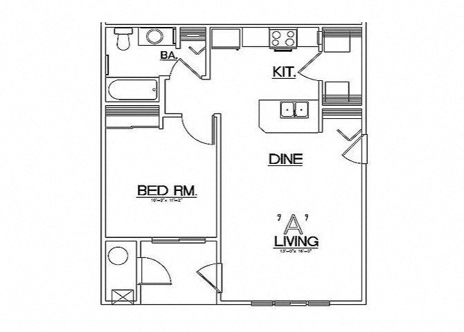 Floor plan for 1 bed, 1 bath, 642 sqft