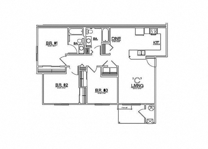 Floor plan for 3 beds, 2 baths, 1128 sqft