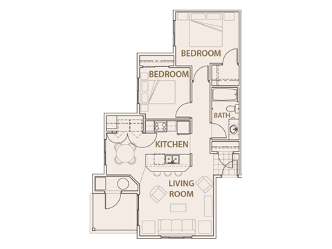 Floor plan for 2 beds, 1 bath, 866 sqft