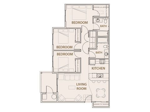 Floor plan for 3 beds, 2 baths, 1107 sqft