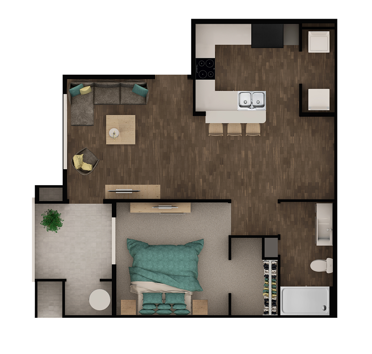 Floor plan for 1 bed, 1 bath, 798 sqft