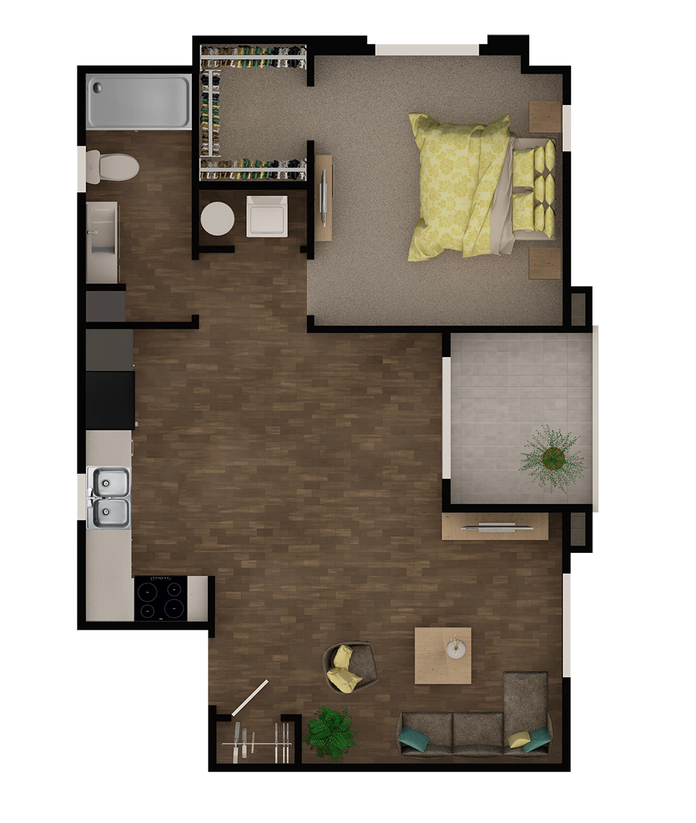 Floor plan for 1 bed, 1 bath, 740 sqft