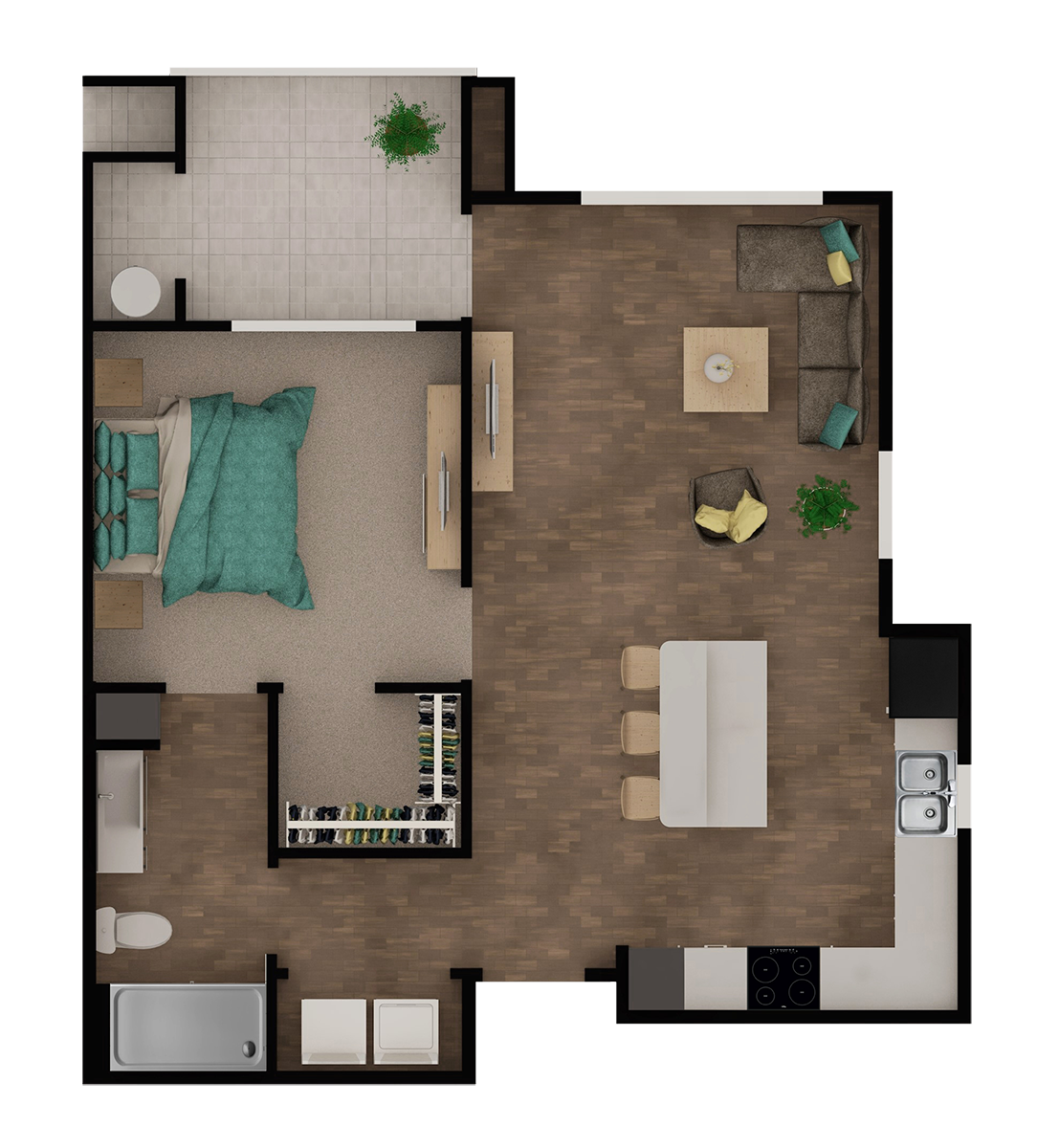 Floor plan for 1 bed, 1 bath, 711 sqft