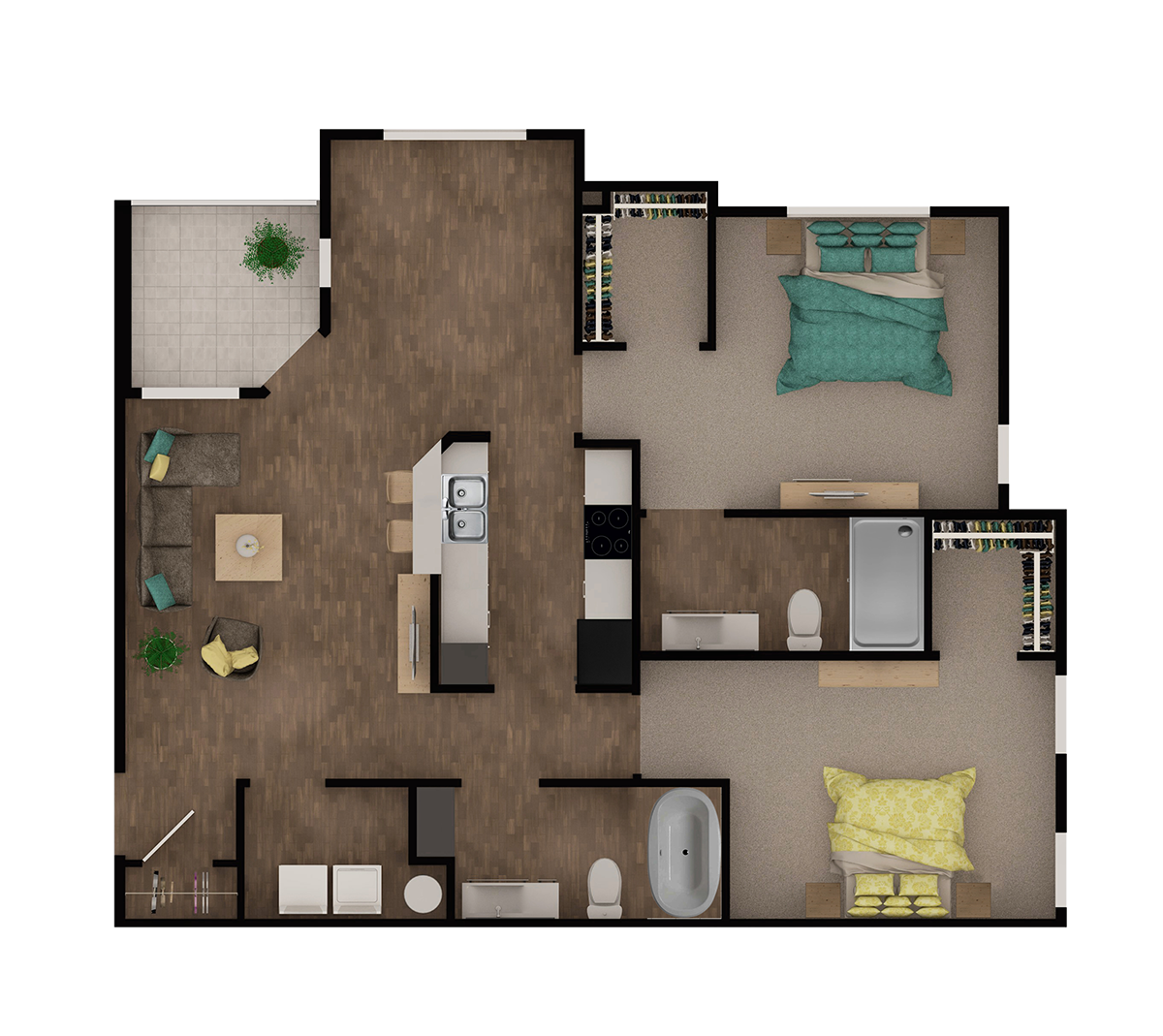 Floor plan for 2 beds, 2 baths, 1097 sqft
