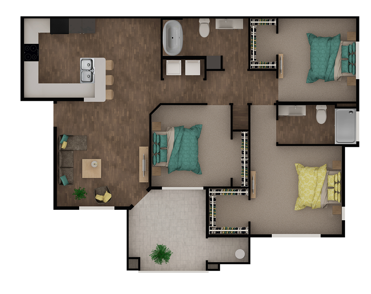 Floor plan for 3 beds, 2 baths, 1304 sqft