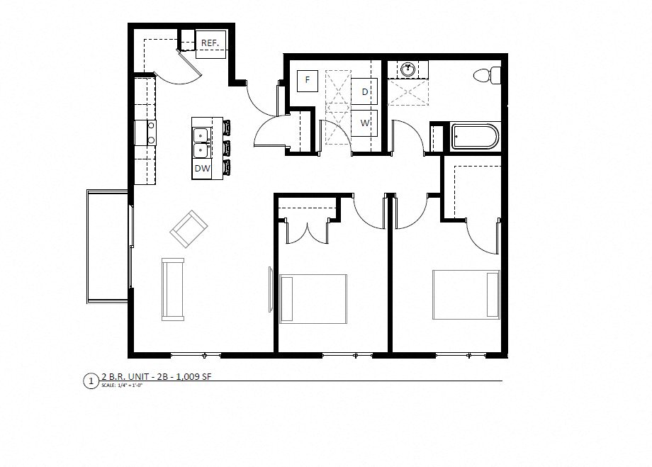 Floor plan for 2 beds, 1 bath, 982 sqft