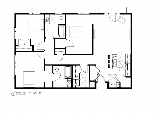 Floor plan for 3 beds, 2 baths, 1417 sqft