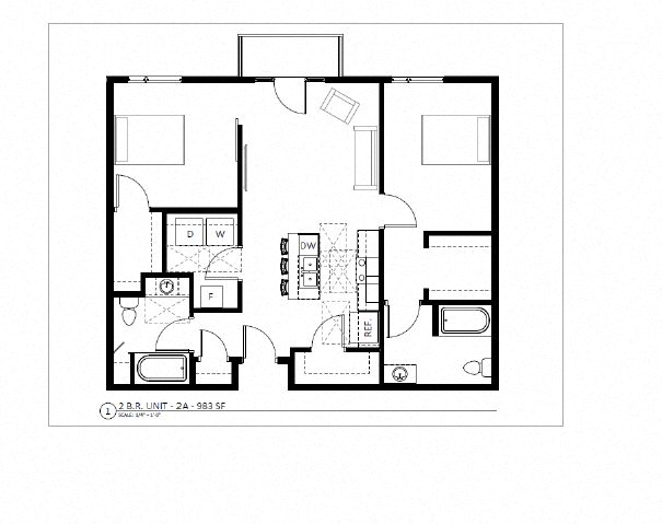 Floor plan for 2 beds, 2 baths, 983 sqft