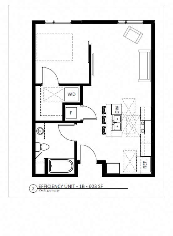 Floor plan for 1 bed, 1 bath, 560 sqft
