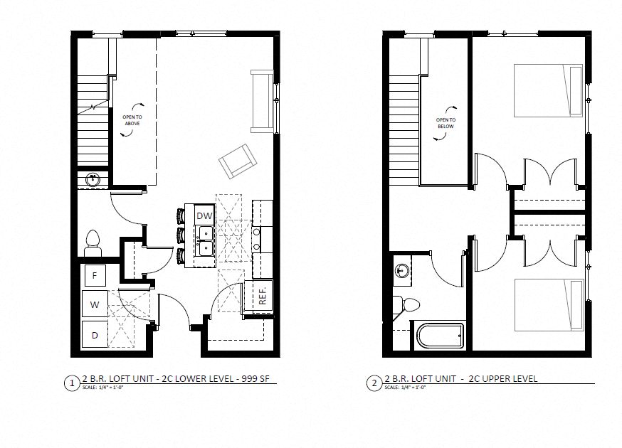 Floor plan for 2 beds, 1.5 baths, 999 sqft
