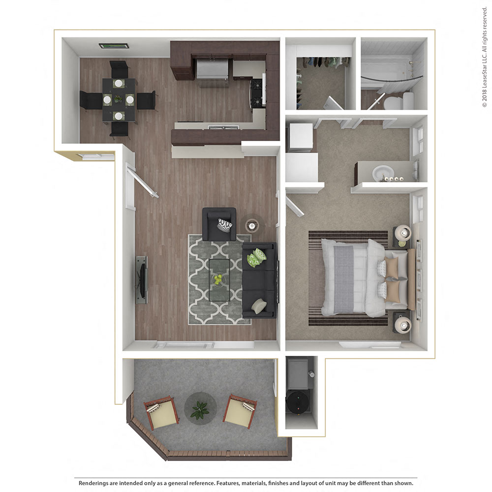 Floor plan for 1 bed, 1 bath, 646 sqft