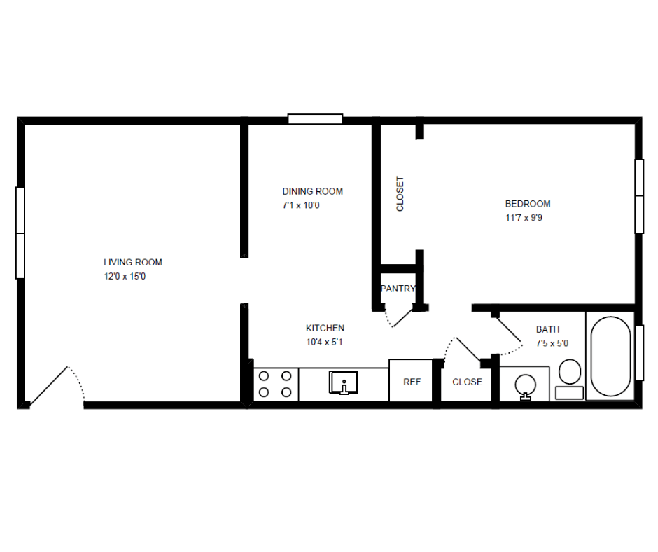 Floor plan for 1 bed, 1 bath, 625 sqft