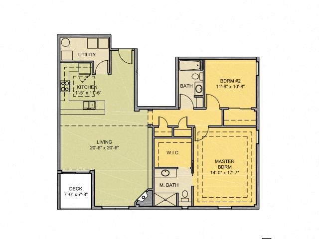 Floor plan for 2 beds, 2 baths, 1400 sqft