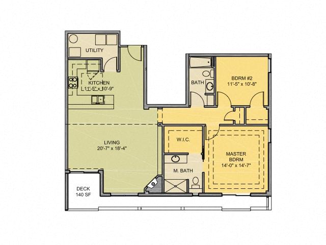 Floor plan for 2 beds, 2 baths, 1280 sqft