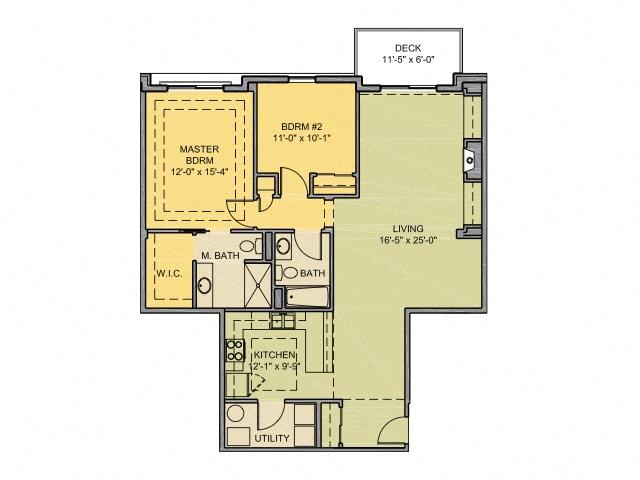Floor plan for 2 beds, 2 baths, 1275 sqft