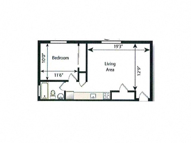 Floor plan for 1 bed, 1 bath, 550 sqft