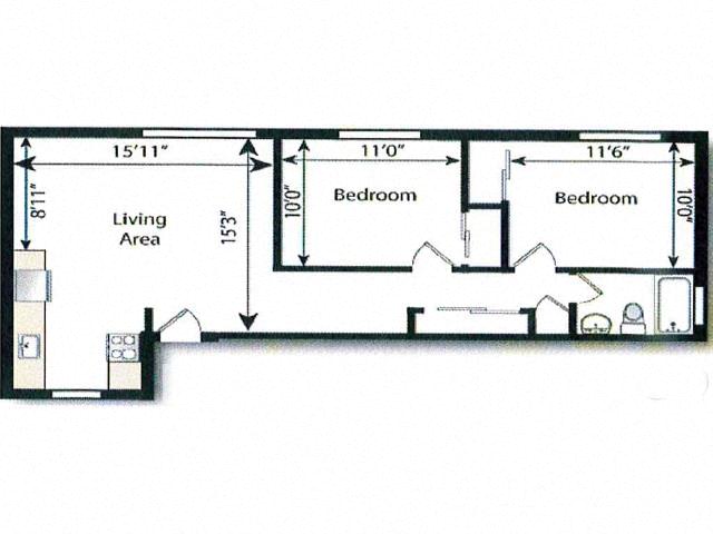 Floor plan for 2 beds, 1 bath, 725 sqft