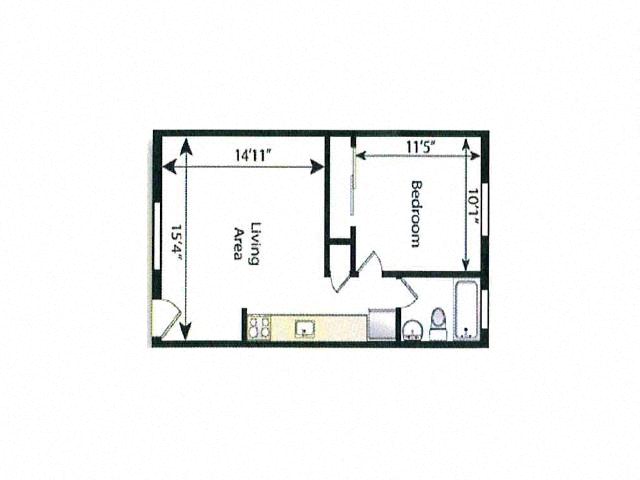 Floor plan for 1 bed, 1 bath, 475 sqft