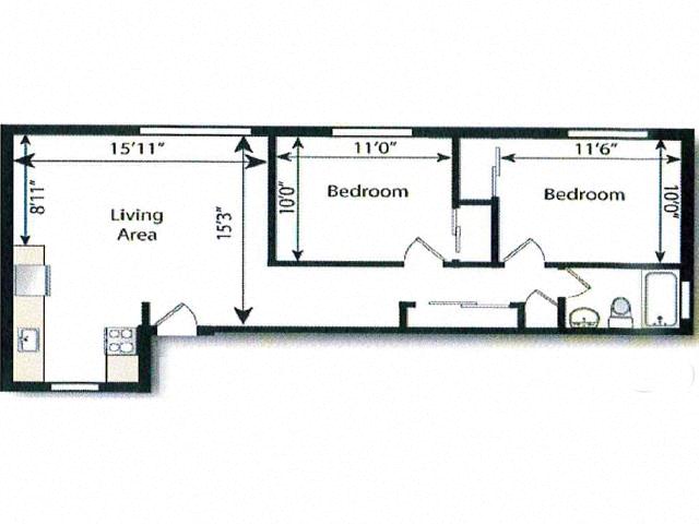 Floor plan for 2 beds, 1 bath, 750 sqft