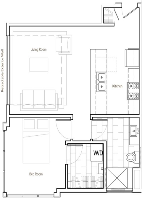 Floor plan for 1 bed, 1 bath, 663 sqft