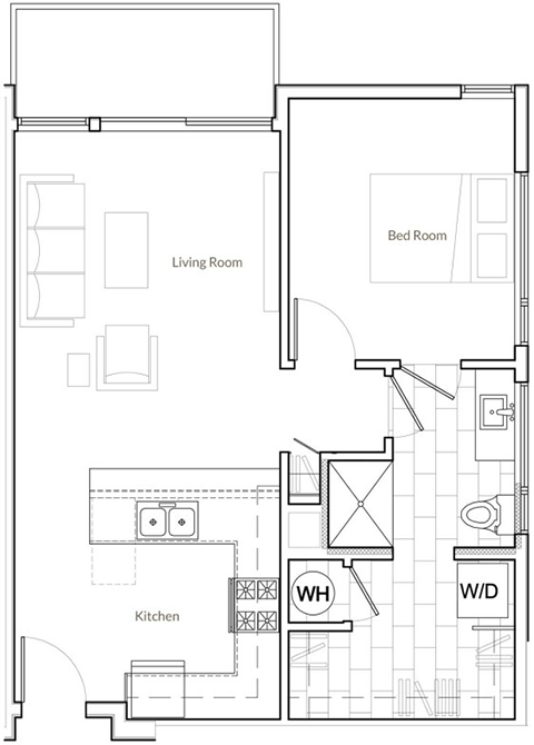 Floor plan for 1 bed, 1 bath, 698 sqft