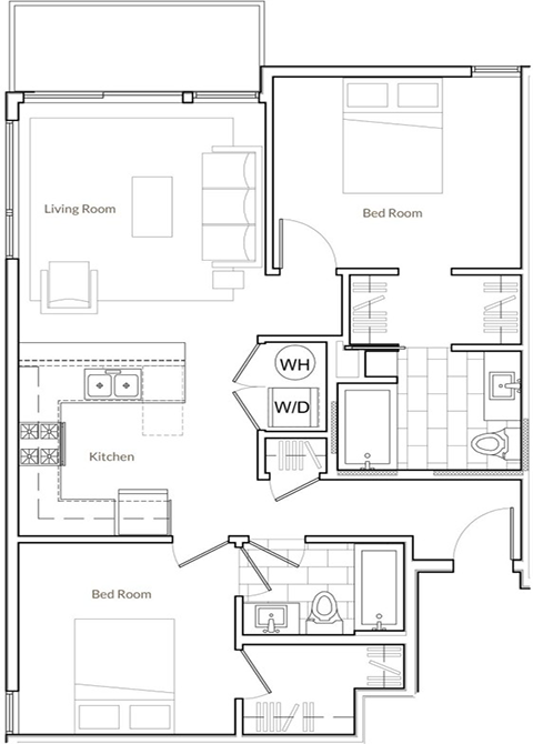 Floor plan for 2 beds, 2 baths, 945 sqft