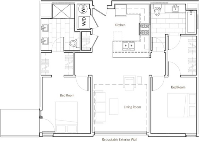 Floor plan for 2 beds, 2 baths, 1033 sqft