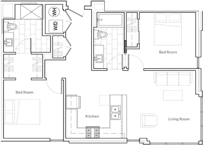 Floor plan for 2 beds, 2 baths, 1018 sqft