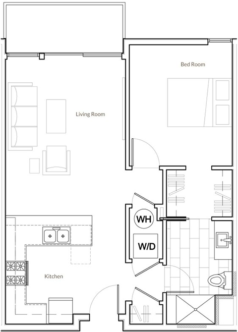 Floor plan for 1 bed, 1 bath, 710 sqft