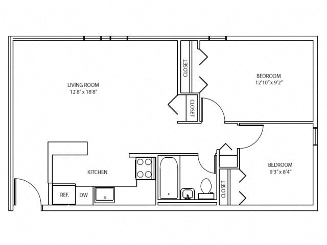Floor plan for 2 beds, 1 bath, 656 sqft