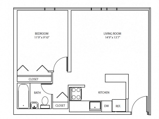 Floor plan for 1 bed, 1 bath, 520 sqft