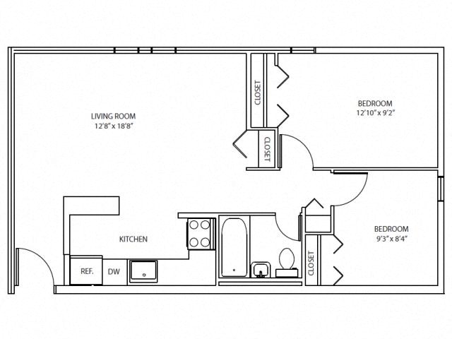 Floor plan for 2 beds, 1 bath, 646 sqft