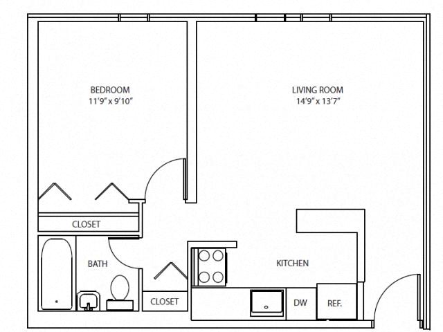 Floor plan for 1 bed, 1 bath, 548 sqft