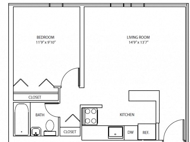 Floor plan for 1 bed, 1 bath, 546 sqft