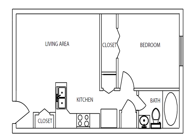 Floor plan for 1 bed, 1 bath, 454 sqft