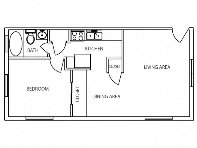 Floor plan for 1 bed, 1 bath, 542 sqft
