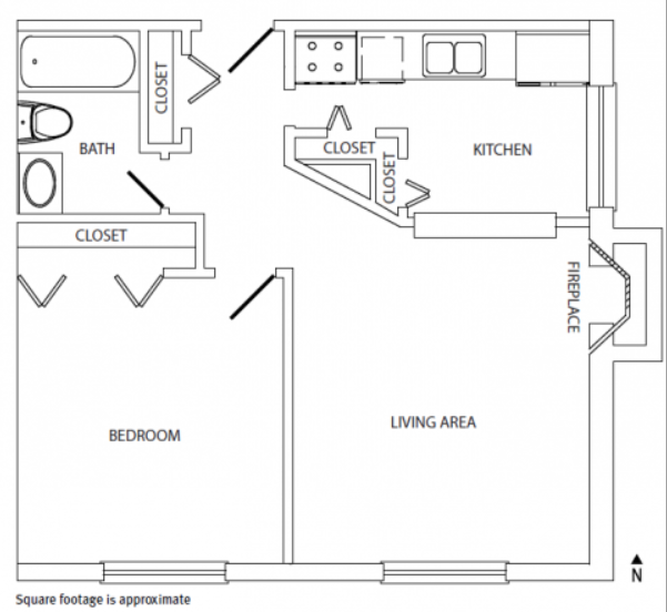 Floor plan for 1 bed, 1 bath, 490 sqft