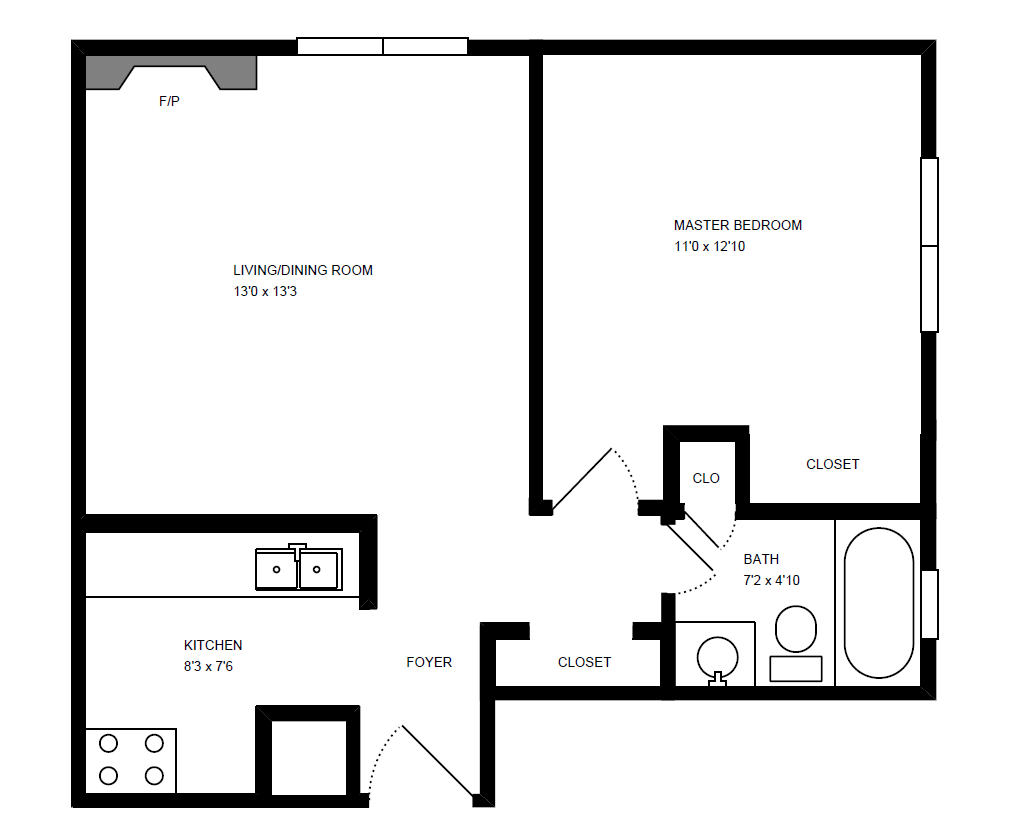 Floor plan for studio, 1 bath, 303 sqft