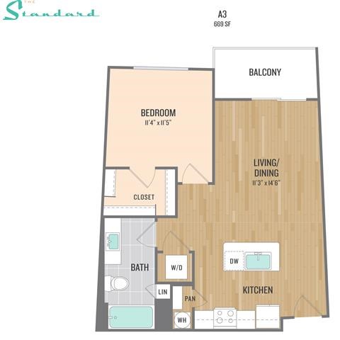 Floor plan for 1 bed, 1 bath, 669 sqft