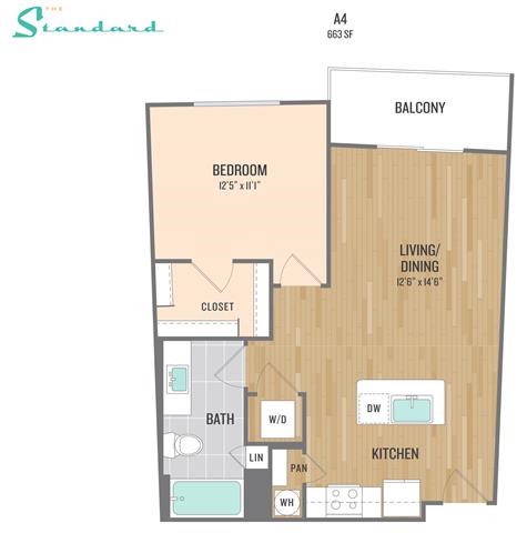 Floor plan for 1 bed, 1 bath, 663 sqft