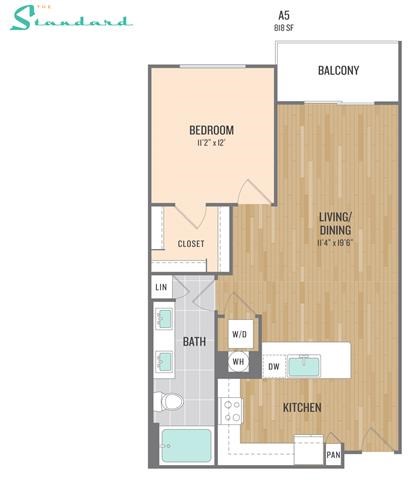 Floor plan for 1 bed, 1 bath, 819 sqft