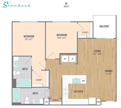 Floor plan for 2 beds, 2 baths, 993 sqft