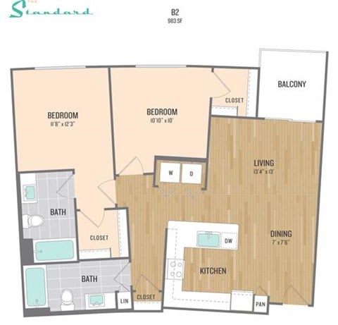 Floor plan for 2 beds, 2 baths, 983 sqft