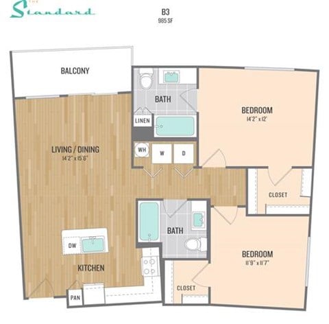 Floor plan for 2 beds, 2 baths, 985 sqft