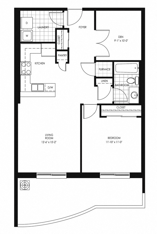 Floor plan for 1 bed, 1 bath, 852 sqft