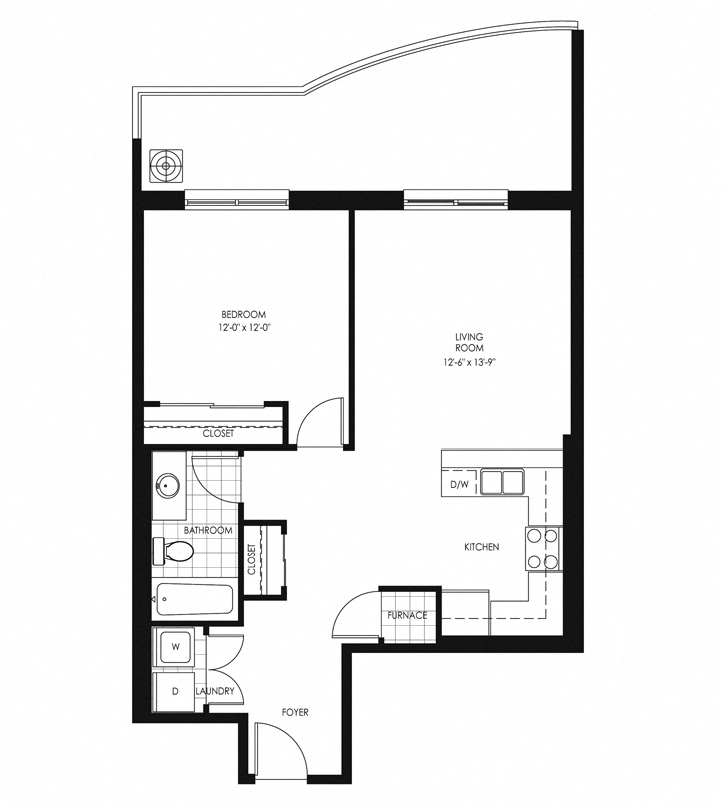 Floor plan for 1 bed, 1 bath, 730 sqft