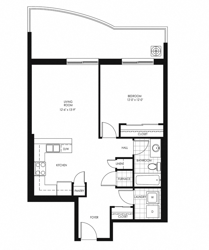 Floor plan for 1 bed, 1 bath, 754 sqft
