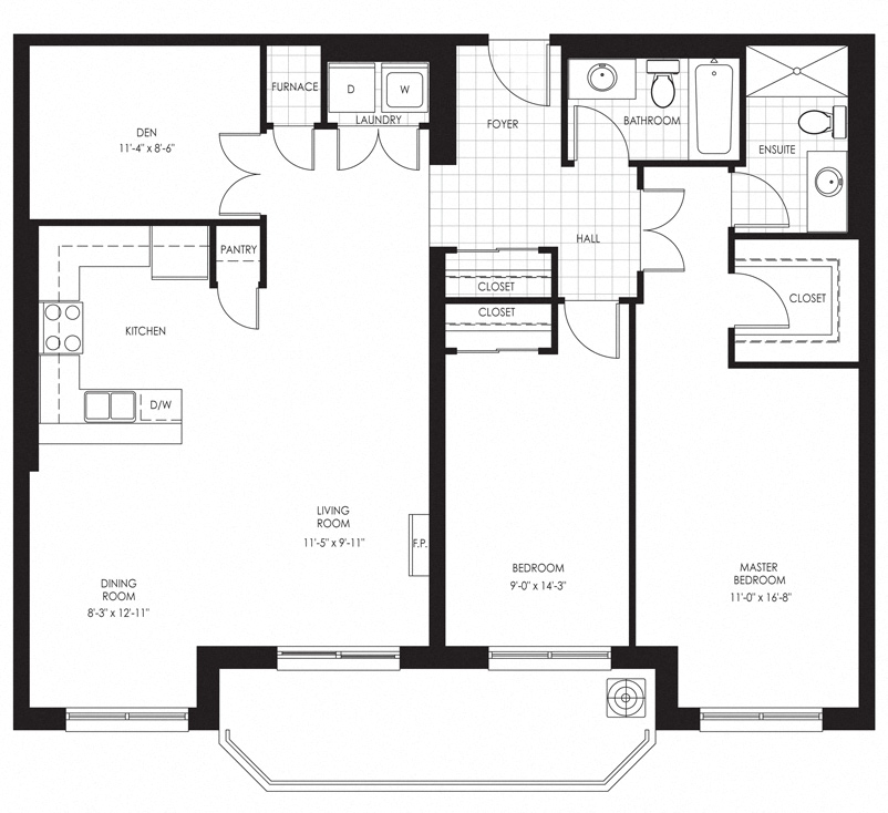 Floor plan for 2 beds, 2 baths, 1330 sqft