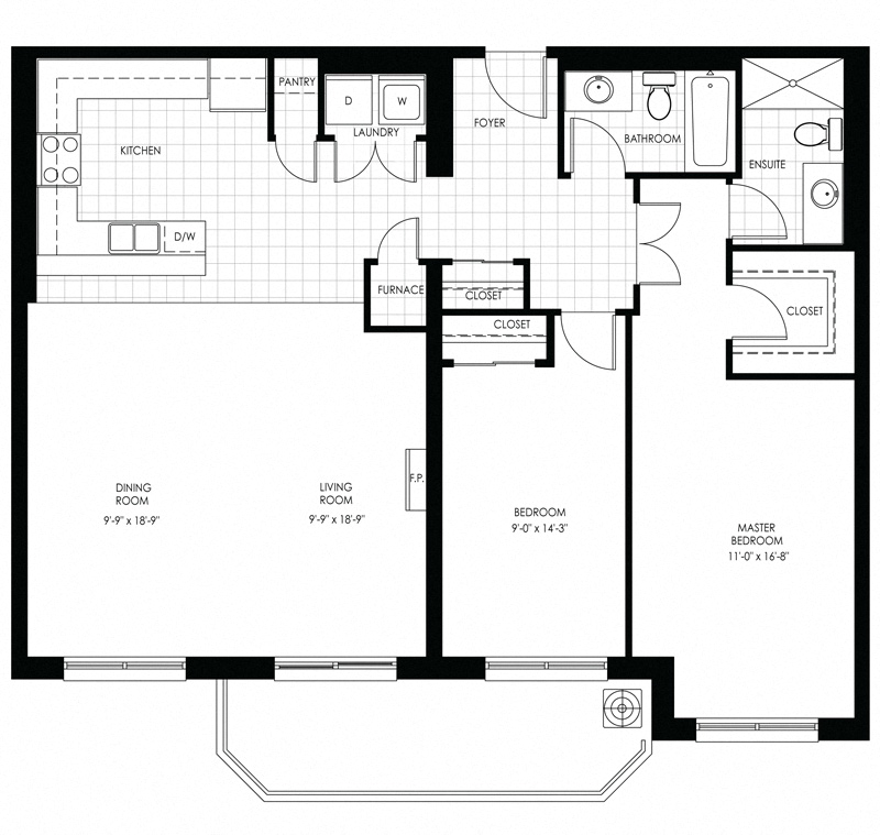 Floor plan for 2 beds, 2 baths, 1300 sqft
