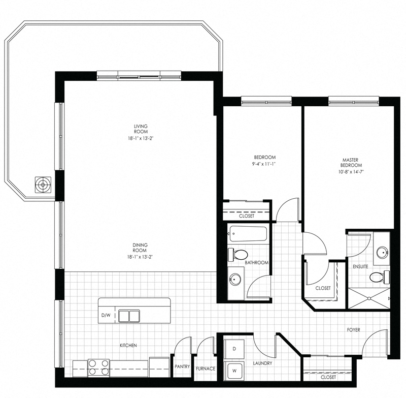 Floor plan for 2 beds, 2 baths, 1418 sqft